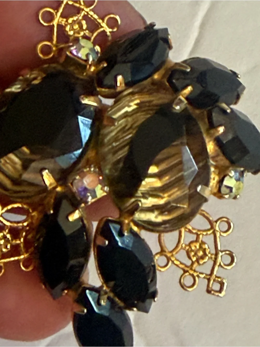 VTG D and E Juliana Gold-Tone Black and Smoky Crystal Floral Filigree Pin Brooch